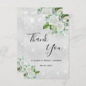 Bruiloftfeest zilveren glitters witte bloemen bedankkaart (Voorkant / Achterkant)