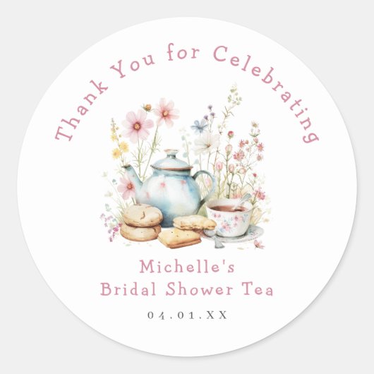 Bruilofts Thee Feest met Bloemen Ronde Sticker (Voorkant)