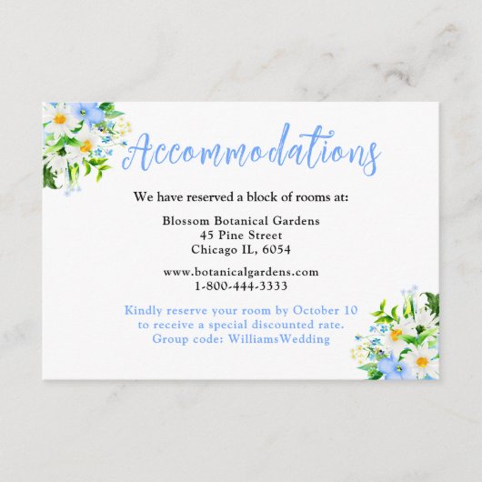 Bruiloftsaccommodatie Forget-Me-Nots en Madeliefje Informatiekaartje (Voorkant)