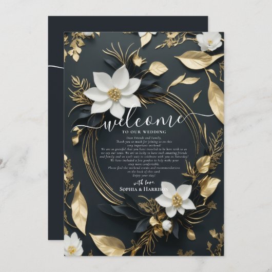 Bruiloftsbloemenkranst Welkomstbrief & Reisprogram Kaart (Voorkant / Achterkant)