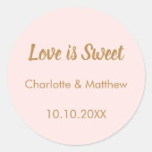 Bruiloftsblush gouden namen Love is Sweet Ronde Sticker (Voorkant)
