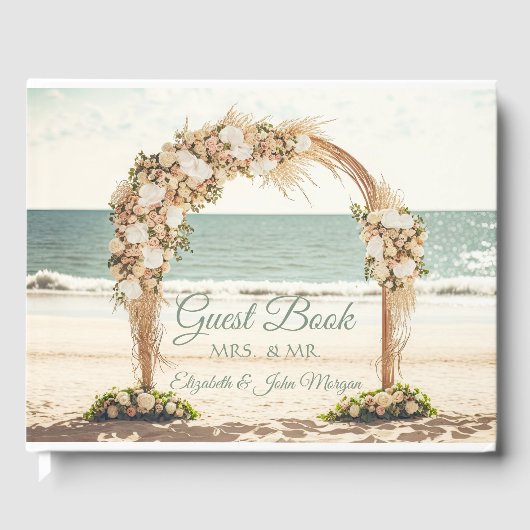 Bruiloftsbogen op het strand met rozen gastenboek (Voorkant)