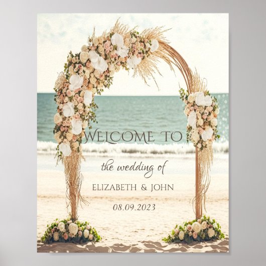 Bruiloftsbogen op het strand met rozen poster (Voorkant)