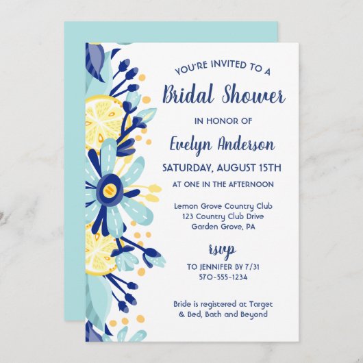 Bruiloftsborrel met gele citroenen, mintgroene en kaart (Voorkant / Achterkant)