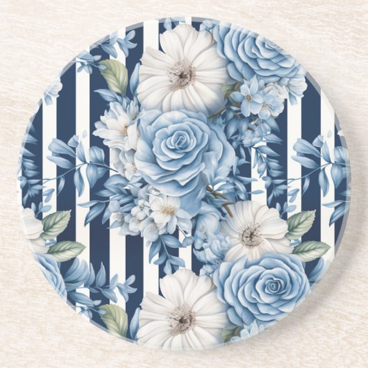 Bruiloftsborrel met marineblauwe bloemstrepen zandsteen onderzetter (Voorkant)