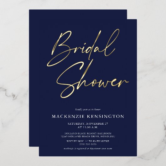 Bruiloftsborrel Navy Blauw Goud Folie Uitnodiging (Voorkant / Achterkant)