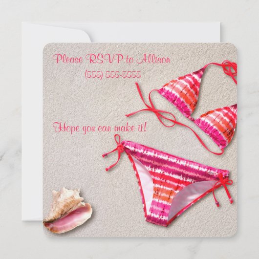 Bruiloftsborrel op het strand met bikini-uitnodigi kaart (Achterkant)