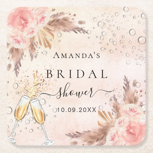 Bruiloftsborrel pampas roze goud bubbel kartonnen onderzetters (Voorkant)