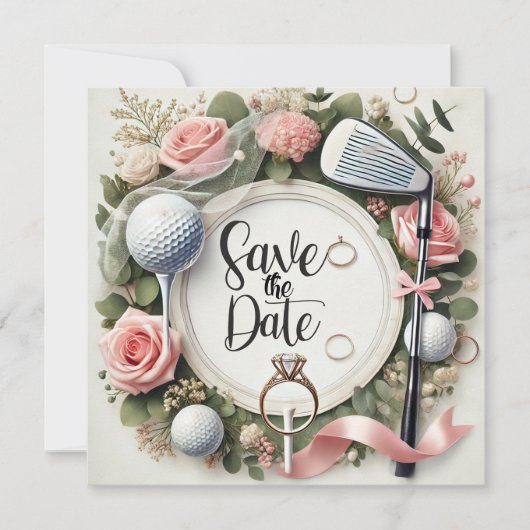 Bruiloftsborrel voor golfsters met golfbal save the date (Voorkant)