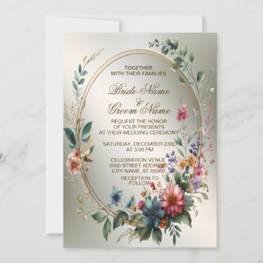 Bruiloftsbrons Kleurrijke Bloemen Gouden Lijst Par Kaart (Voorkant)