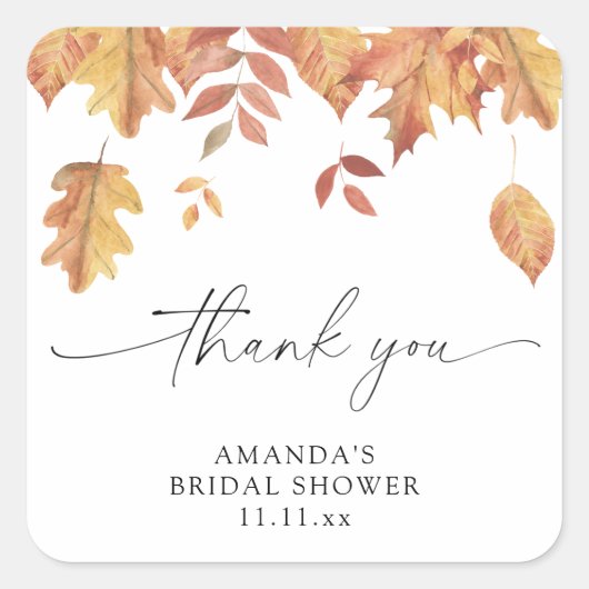 Bruiloftsbruidsshower met vallende bladeren vierkante sticker (Voorkant)