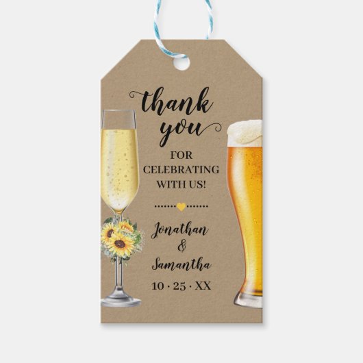 Bruiloftsbruiloft Bubbles & Brews Zonnebloem Groen Cadeaulabel (Voorkant)