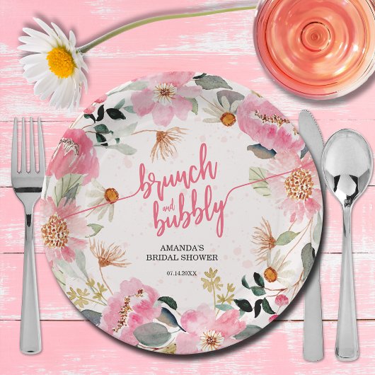 Bruiloftsbrunch en bubbels Roze bloemstuk bruiloft Papieren Bordje