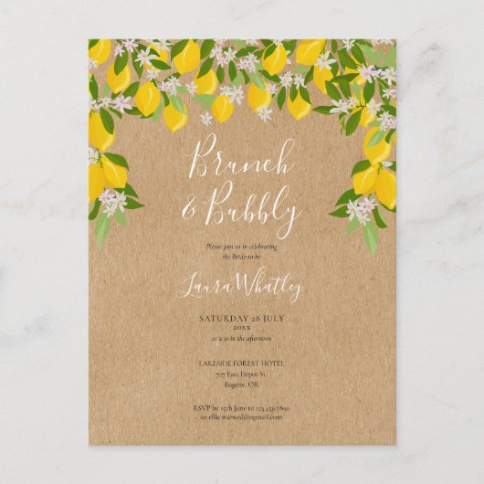 Bruiloftsbrunch met bubbels Rustieke citroenen bru Aankondigingskaart (Voorkant)