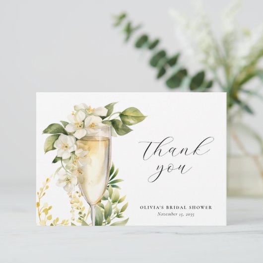 Bruiloftsbrunch met bubbels voor de bruid bedankkaart (Staand voorkant)