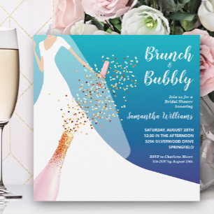 Bruiloftsbrunch met champagne en bruid in het blau kaart