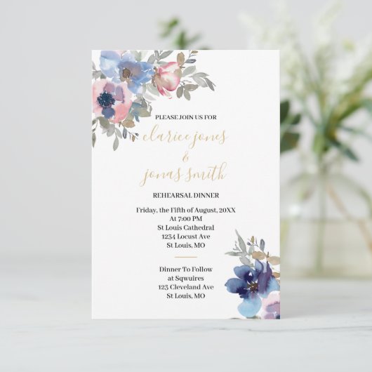 Bruiloftsdiner Navy & Blush Watercolor Bloemen Kaart (Staand voorkant)