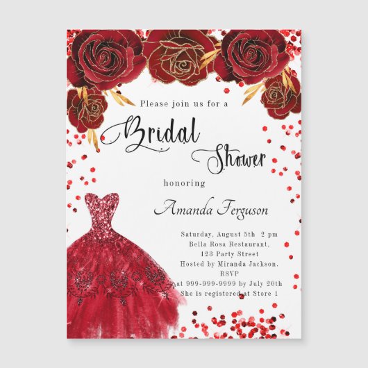 Bruiloftsdiner rode witte jurk rozen bloemen luxe magnetische uitnodiging (Voorkant)