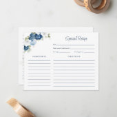 Bruiloftsdiner Stofblauw Bloem Recept Notitiekaartje (Voorkant / Achterkant in situ)