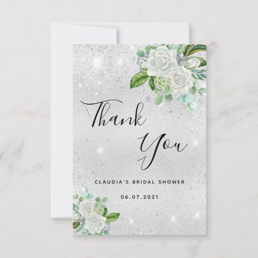 Bruiloftsdiner zilveren glitters witte bloemen bedankkaart (Voorkant)