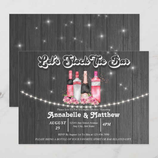 Bruiloftsdouche | Voorraad de Bar Kaart (Voorkant / Achterkant)