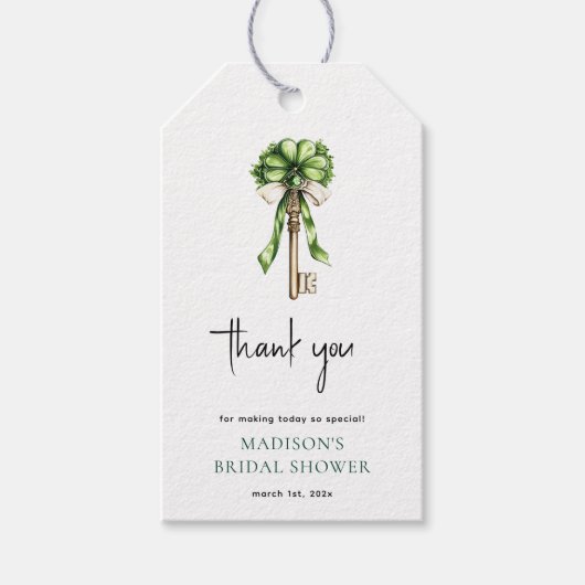 Bruiloftsdouche Waterverf Gouden Sleutel & Klaver Cadeaulabel (Voorkant)