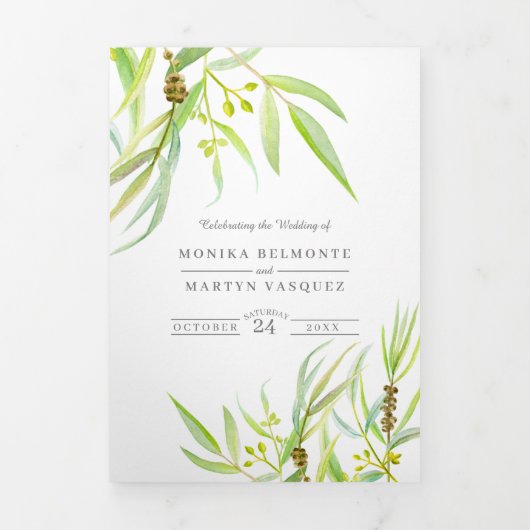 Bruiloftseucalyptus laat groen en wit in één drieluik uitnodiging (Cover)