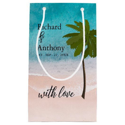 Bruiloftsfavoriet met palmboom aan het strand klein cadeauzakje (Voorkant)