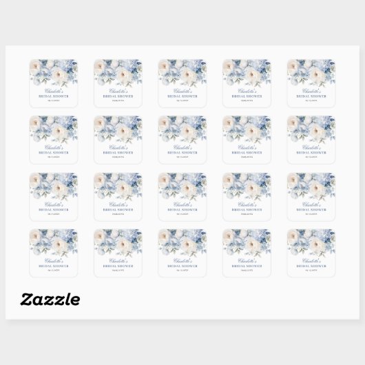 Bruiloftsfeest Blue & White Bloemen Vierkante Sticker (Vel)
