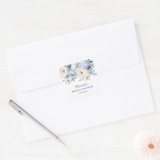 Bruiloftsfeest Blue & White Bloemen Vierkante Sticker (Envelop)