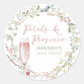 Bruiloftsfeest Favor met Bloemblaadjes en Prosecco Ronde Sticker (Voorkant)