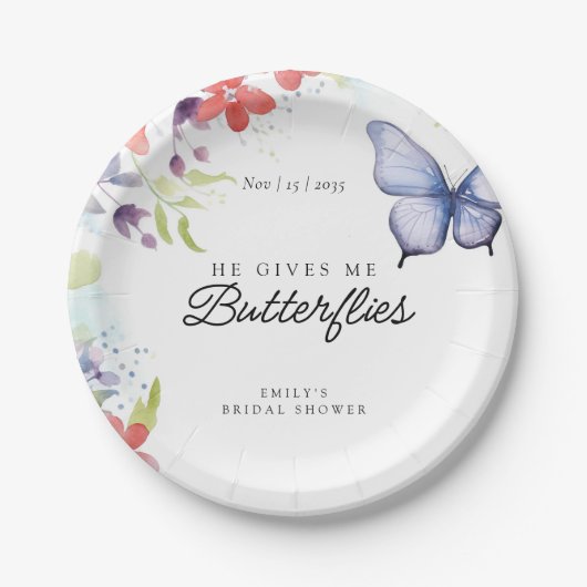 Bruiloftsfeest Hij Geeft Me Vlinders Papieren Bordje (Voorkant)