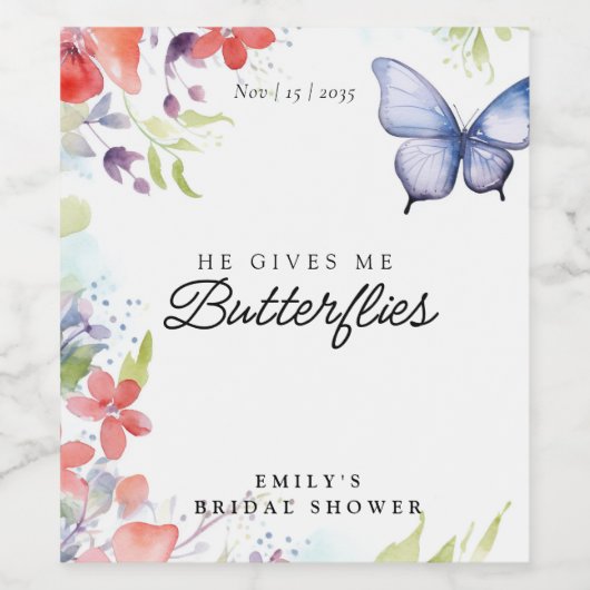 Bruiloftsfeest Hij Geeft Me Vlinders Wijn Etiket (Enkel label)