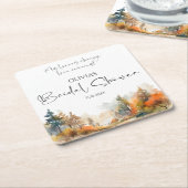 Bruiloftsfeest in de herfstige bossen met rustieke kartonnen onderzetters (Schuin)