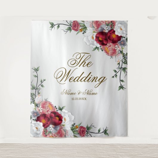 Bruiloftsfeest Kleurrijk Rood Wit Bloemmotief Zilv Wandkleed (Voorkant)