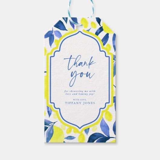 Bruiloftsfeest Mediterraan Blauw Geel Citroen Cadeaulabel (Voorkant)