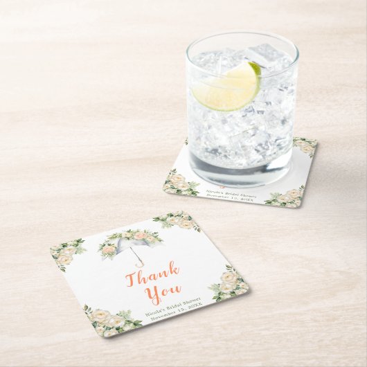 Bruiloftsfeest met bloemige paraplu kartonnen onderzetters (Insitu)