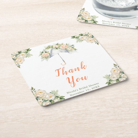 Bruiloftsfeest met bloemige paraplu kartonnen onderzetters (Schuin)