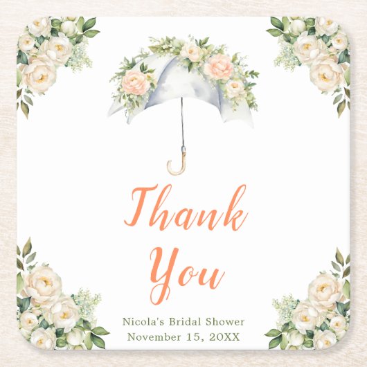 Bruiloftsfeest met bloemige paraplu kartonnen onderzetters (Voorkant)