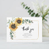 Bruiloftsfeest met bloemige zonnebloem en eucalypt bedankkaart (Staand voorkant)
