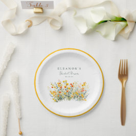 Bruiloftsfeest met gele en oranje weidebloemen papieren bordje