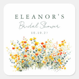 Bruiloftsfeest met gele en oranje weidebloemen vierkante sticker