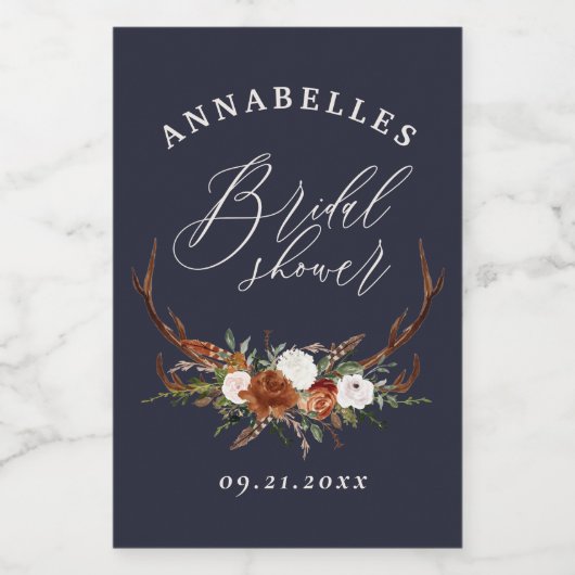 Bruiloftsfeest met jachttrofee, rustieke navyblauw wijn etiket (Enkel label)