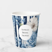 Bruiloftsfeest met marineblauwe bloemstrepen papieren bekers (Voorkant)