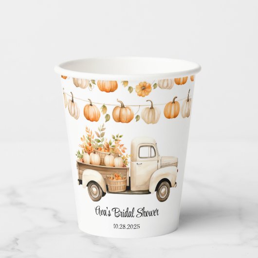 Bruiloftsfeest met Oude Truck en Pompoenen Papieren Bekers (Voorkant)