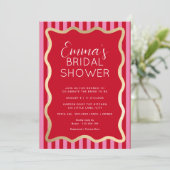 Bruiloftsfeest met rode roze streepgolf kaart (Staand voorkant)