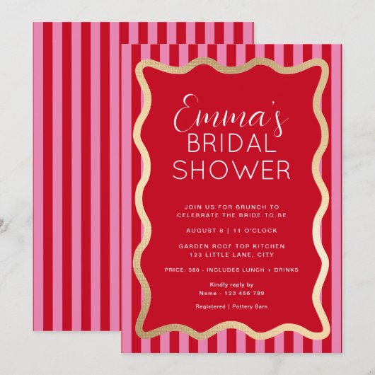 Bruiloftsfeest met rode roze streepgolf kaart (Voorkant / Achterkant)