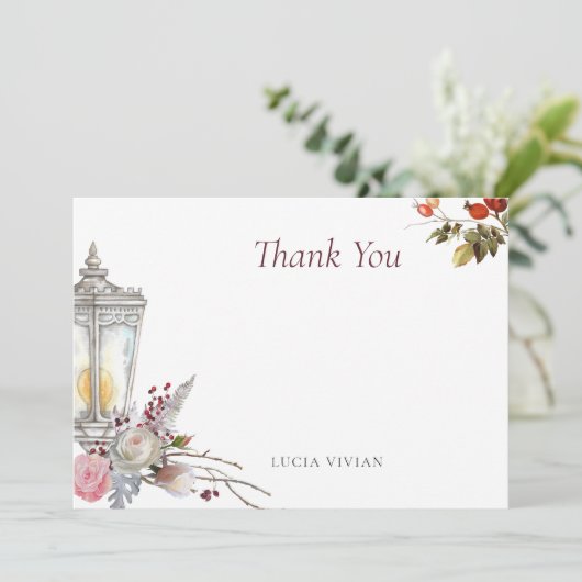 Bruiloftsfeest met rozen en lantaarn in landelijke bedankkaart (Staand voorkant)