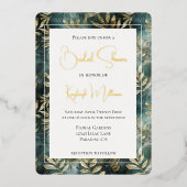 Bruiloftsfeest met tropische bladeren in bosgroen  folie uitnodiging (Voorkant)