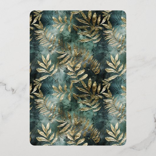 Bruiloftsfeest met tropische bladeren in bosgroen  folie uitnodiging (Achterkant)